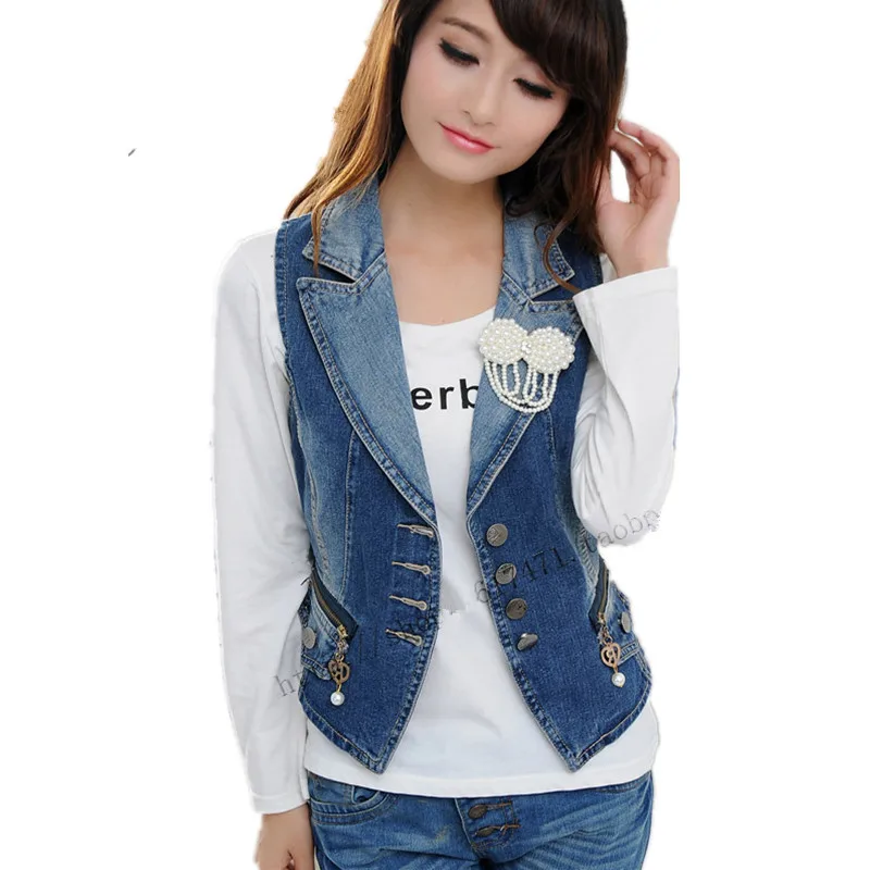 Detachable Pearl Beaded Women\'s Denim Vest Fashion Slim Waistcoat Vintage Zipper Button Jeans Sleeveless Jacket Veste Femme Coat