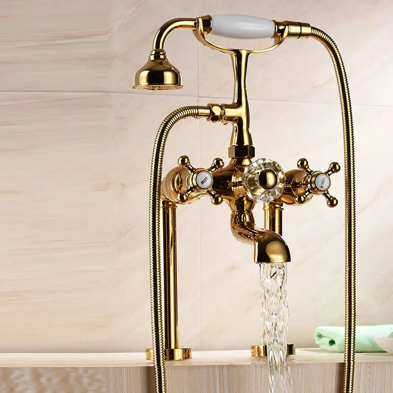 Luxury gold solid Brass Bathroom Bath Hand Held Shower Head Kit Deck-mounted Bathtub Shower Faucet Sets