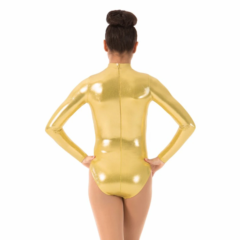 Speerise Tari Leotard untuk Wanita Turtleneck Perak Mengkilap Metalik Senam Balet Leotards Lengan Panjang Pria Bodysuit Kostum