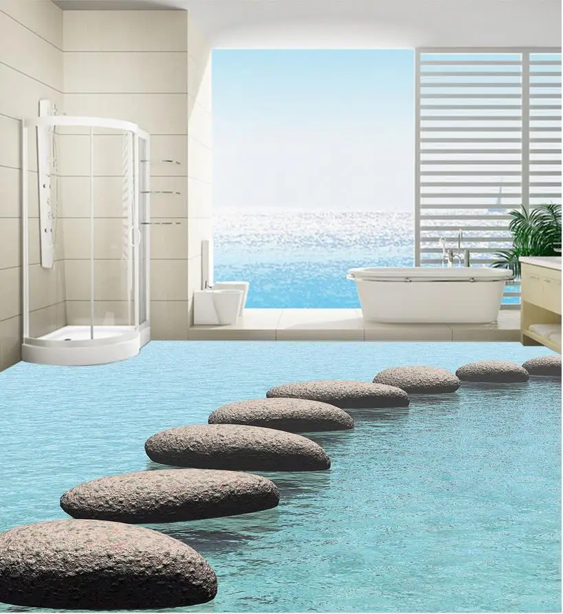 

3d floor painting wallpaper Water stone cobblestone bathroom 3D floor painting pvc floor wallpaper