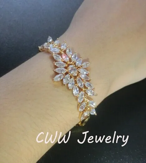 CWWZircons Sparkling Yellow Gold Color Designer White Red Green Cubic Zirconia Big Flower Charm Bracelets For Women CB073