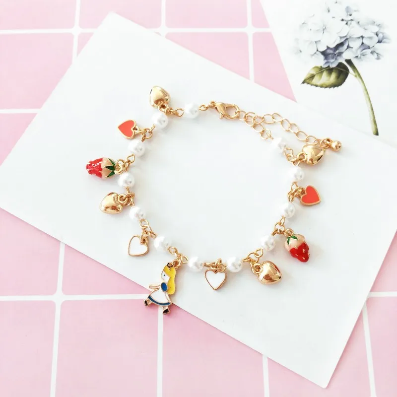 Kids Girls Gift Gold Color Heart Imatation Pearl Poker Strawberry Charms Alice in Wonderland Bracelet