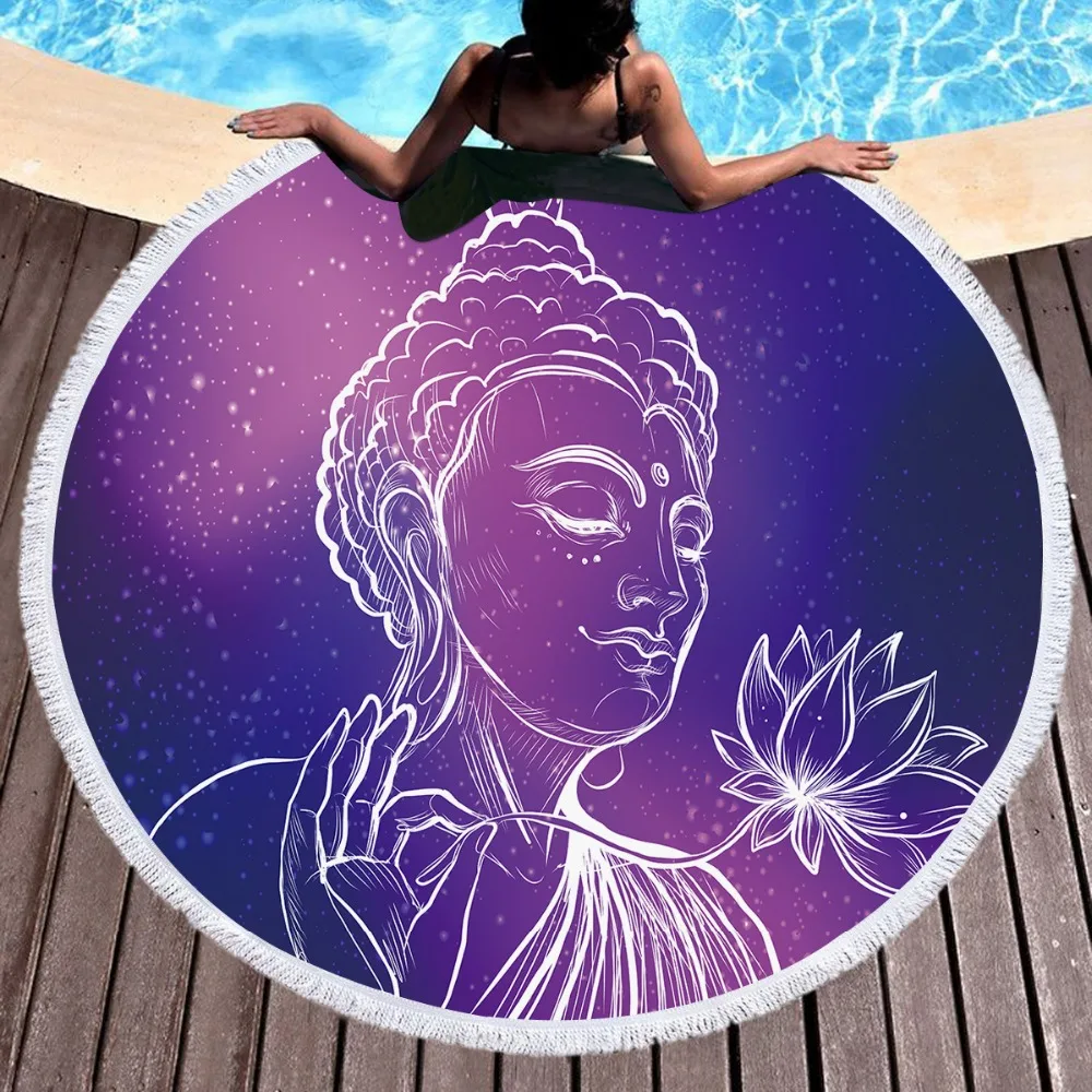 

Buddha Printed 150cm Round Microfiber Fabric Large Beach Towel Purple Luxury Bath Towels for Adult Women Yoga Picnic Mats Tassel