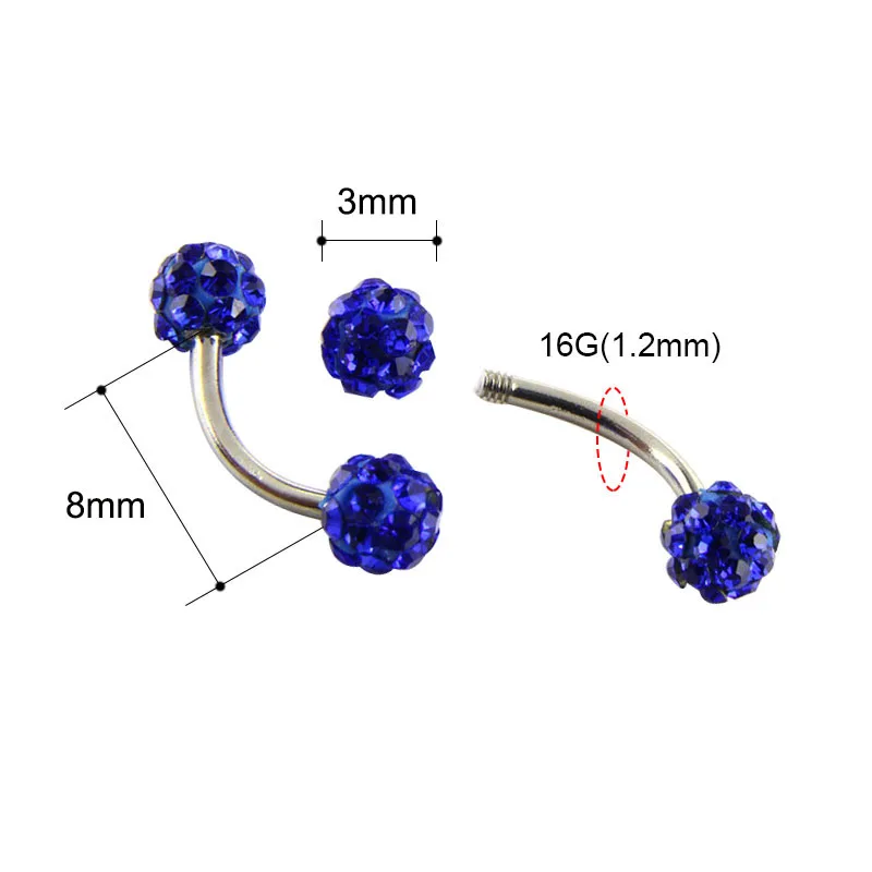 1Pc  Surgical Steel Curved Barbell AA Crystal Eyebrow Ring Ear Anti Tragus Helix Rook Bridge Web Piercing Lip Stud Body Jewelry