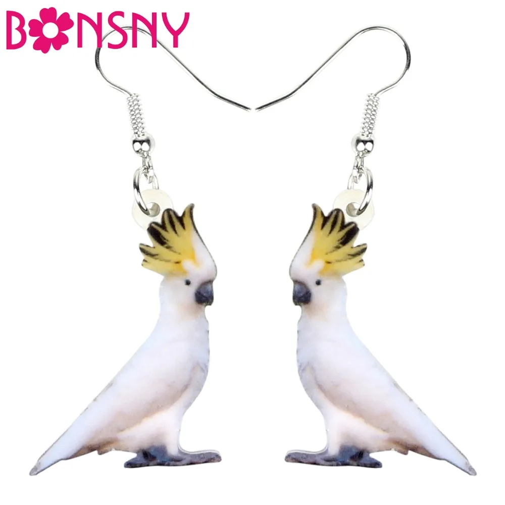 Bonsny Acrylic Australian Sulphur-crested Cockatoo Bird Earrings Drop Dangle Novelty Animal Jewelry For Women Girl Gift Souvenir