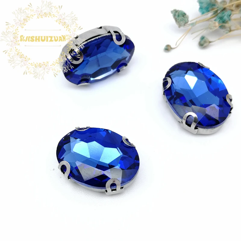 Glitter Light Sapphire Oval Crystal Rhinestone Hand Sew On Glass Stones Ornament For Dress DIY Crafts D Claw Drill Accessories