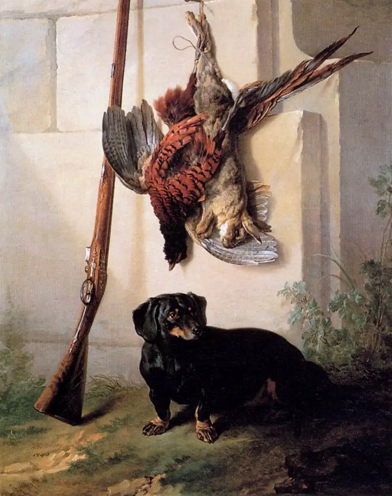 Oil Painting Reproduction,handmade oil painting,Henri Camille, Hound with Gun and Dead Game by Jean-Baptiste Oudry,Museum quaity