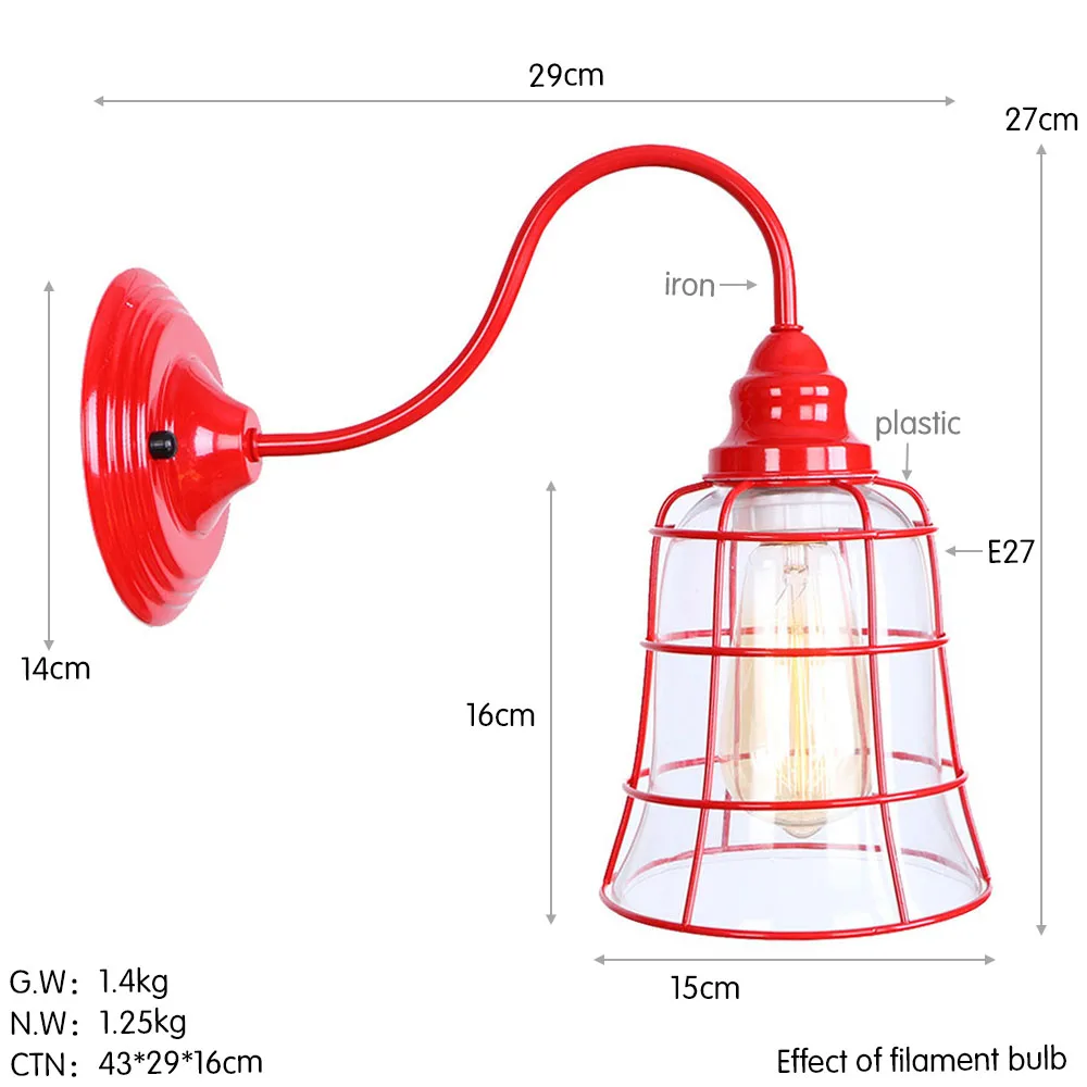 

Креативное Скандинавское украшение в американском стиле для загородного коридора, ресторана, гостиной, ретро-декор из кованого железа, настенная лампа из красного стекла