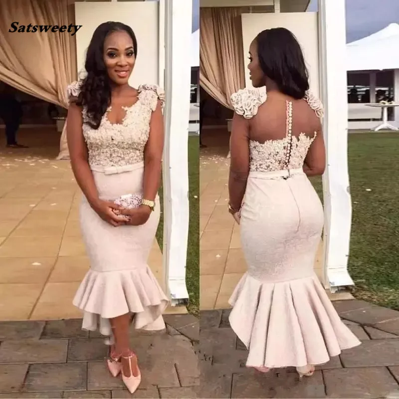 African Sexy Deep V-Neck Satin Mermaid Bridesmaid Dresses Sheer Back Short Sleeves Cheap Plus Size Arabic Long P Gown