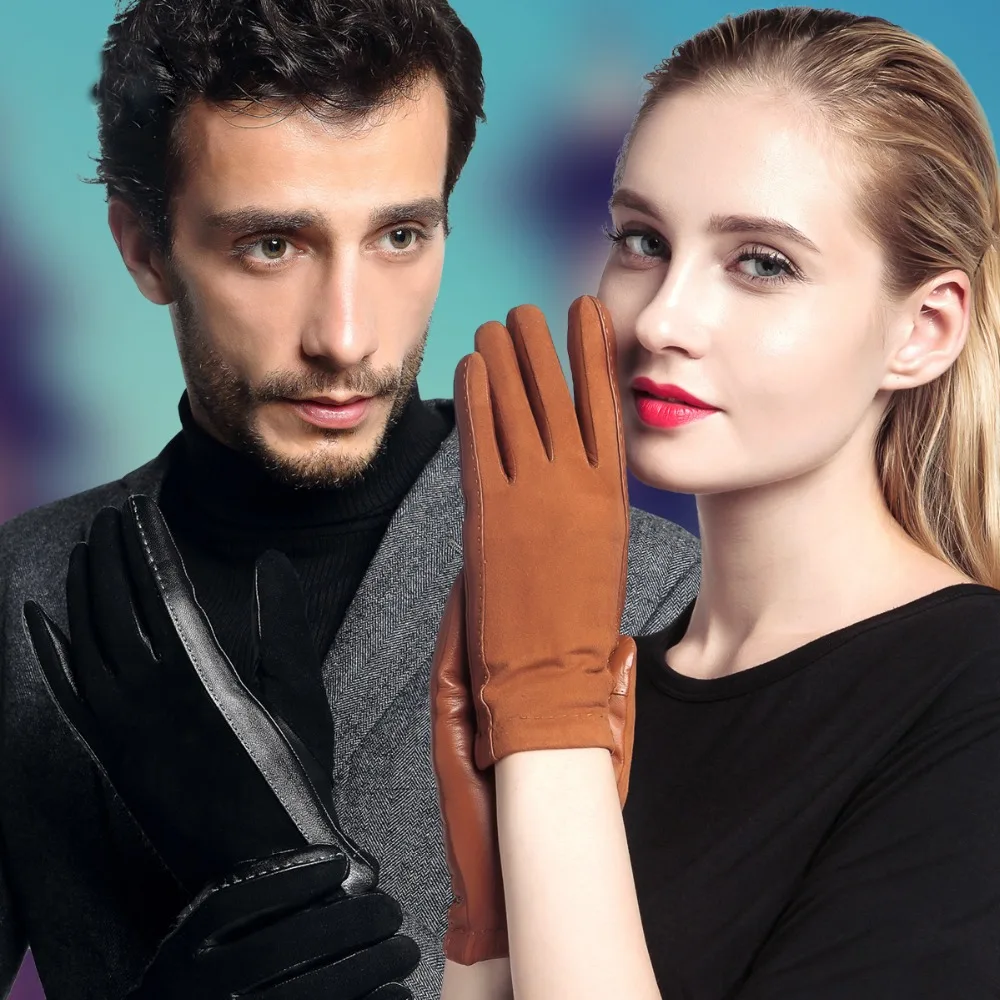 Gants en cuir véritable doublés en peluche pour hommes et femmes, peau de mouton en daim, toucher en option, couples amoureux, automne, hiver, 3328