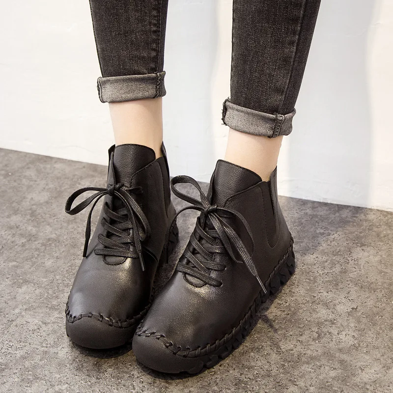 Lace-up Genuine Leather Women Boots A518 Fashion Casual Low Tube Round Toe Real Leather Shoes Winter Shoes Warm Thick