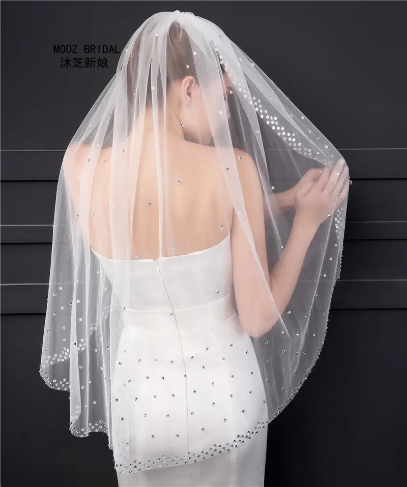 Luxury Soft Tulle Wedding Veils With Crystals Beaded Ivory/White  Wedding Accessories Real Pictures Short Bridal Veil 2018