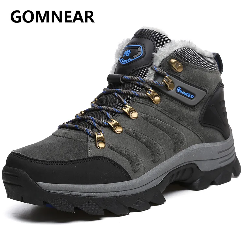 GOMNEAR Big Size New Arrival  Winter Men Warming  Fur Hiking boots Outdoor Antiskid Trekking Sports Shoes Men Hiking Sneaker