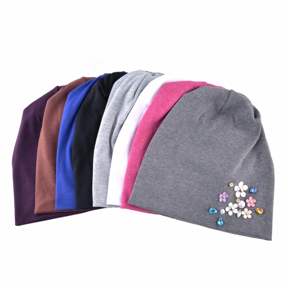 New Beanies Women Spring Autumn Solid Color Skullies Hat For Ladies Rhinestone Pearl Flower Cap Female Fashion Bonnet Gorra