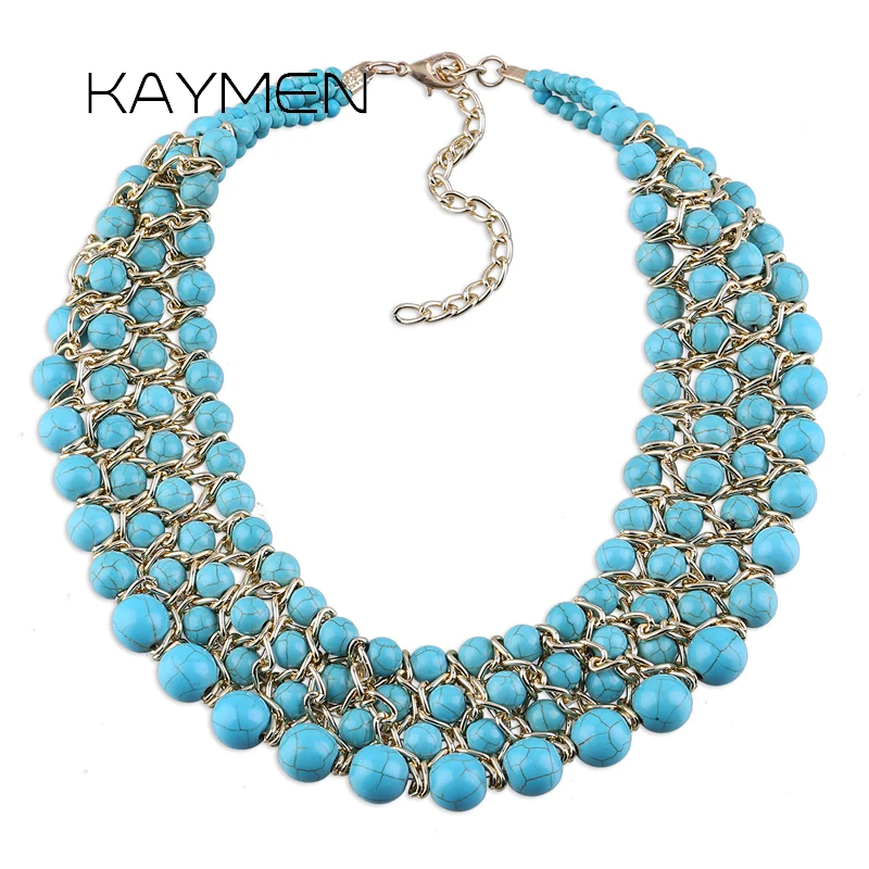 KAYMEN Fashion New Imitation Turquoise Stands Weaving Statement Necklace for Women Handmade Beaded Chunky Chokers Wholesale