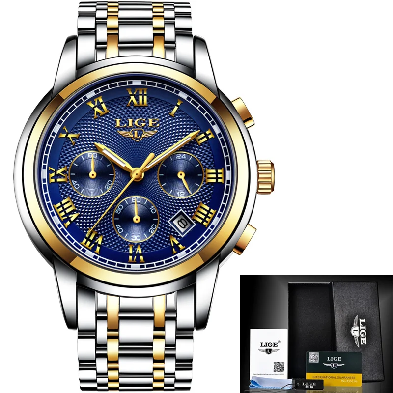 New LIGE Watches Men Luxury Brand Chronograph Men Sports Watches Waterproof Full Steel Quartz Men\'s Watch Relogio Masculino+BOX