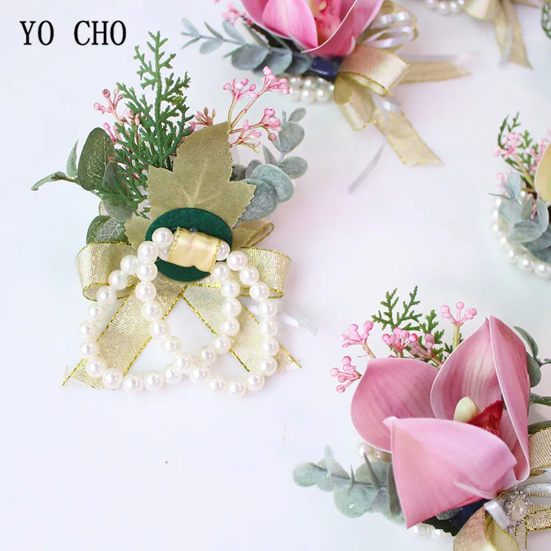 YO CHO Groom Men Boutonniere White Magnolia Brooch Plant Corsage and Diamond Pearl Bride Wrist Flowers Wedding Decor Silk Flower