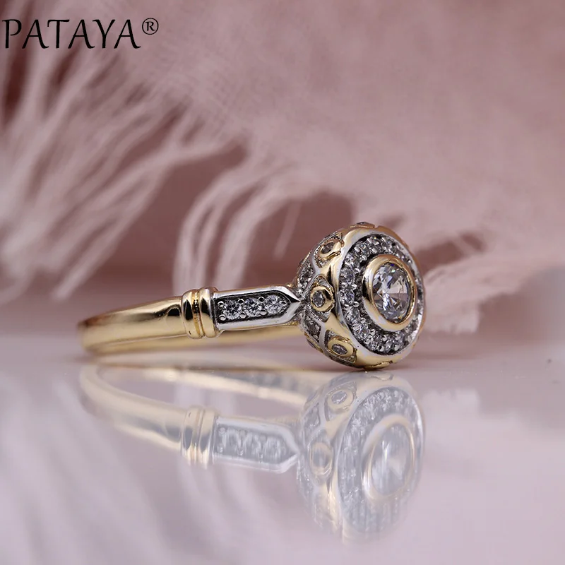 PATAYA New 585 Rose Gold Color Lovely Carved Natural Zircon Rings Women Fashion Jewelry Wedding Fine Craft Hollow Round Ring