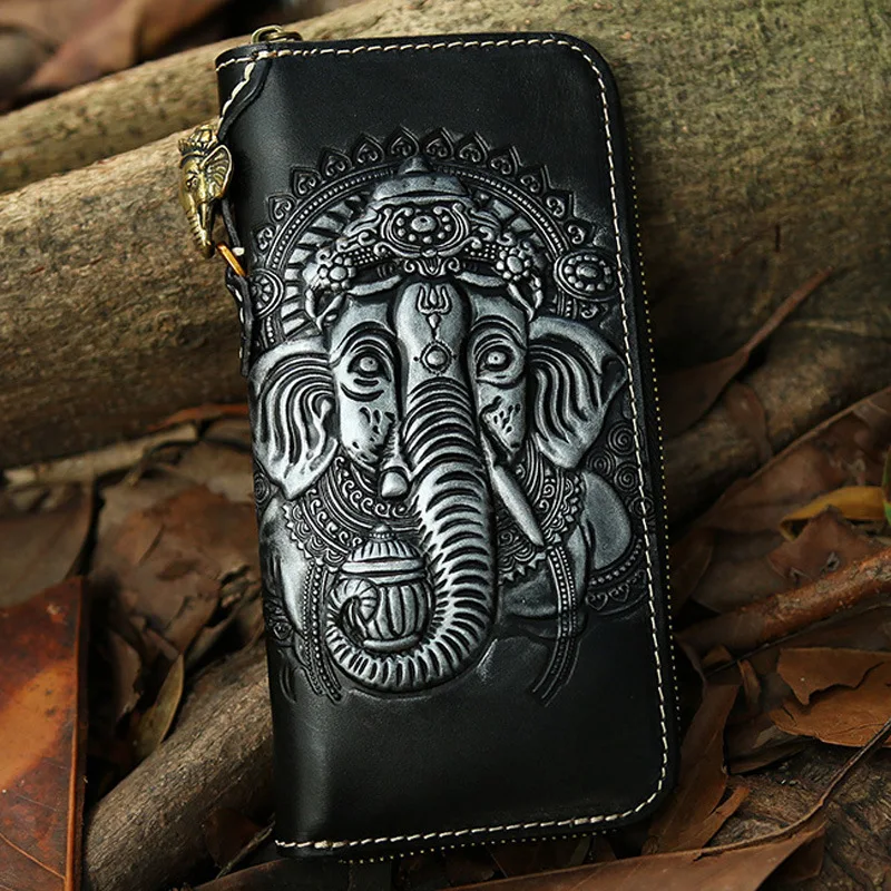 

Vintage Women Genuine Leather Card Holder Black Wallets Elephant God Bag Purses Men Clutch Vegetable Tanned Leather Long Wallet