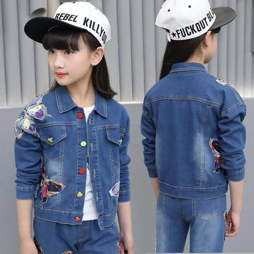 Kids Clothes Boys Girls Denim Clothing Sets Chidlren Cartoon Flowear Warm Jacket Kids Jeans Teenage Active Costume Sets Pants