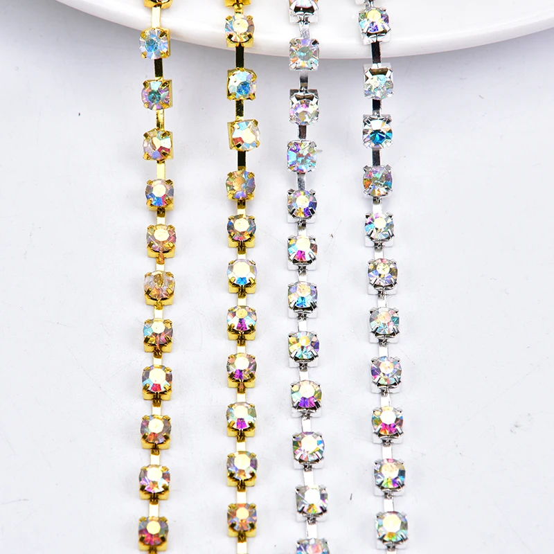 AAAAA 5yards/Lot Strass Rhinestones Cupchain SS12 SS16 SS20 SS30 SS38 Clear Crystal AB Trimming Sliver Gold Square Plating DIY
