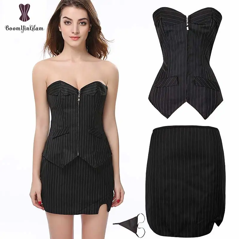 

Black Pinstripe Strapless Corset Dress Suit Gothic Women Zipper Korse Sexy Outfit Korset Plus Size Overbust Korselet Office Lady