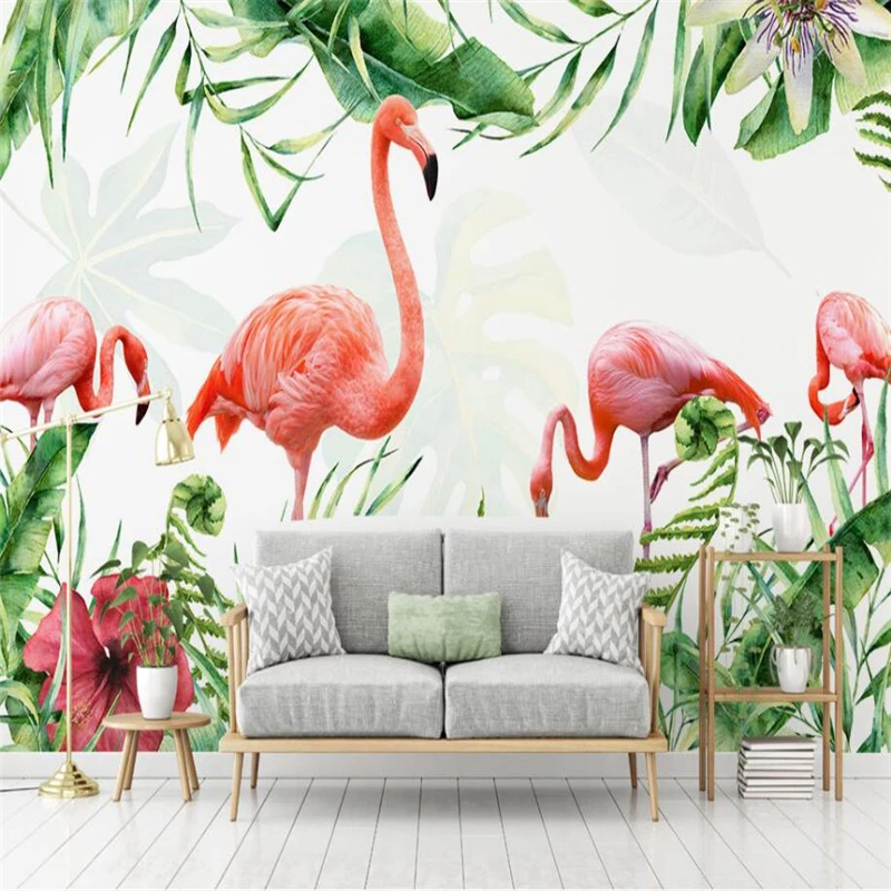 

wellyu Simple hand-painted flamingo tropical leaves TV background wall custom large mural green silk cloth wallpaper