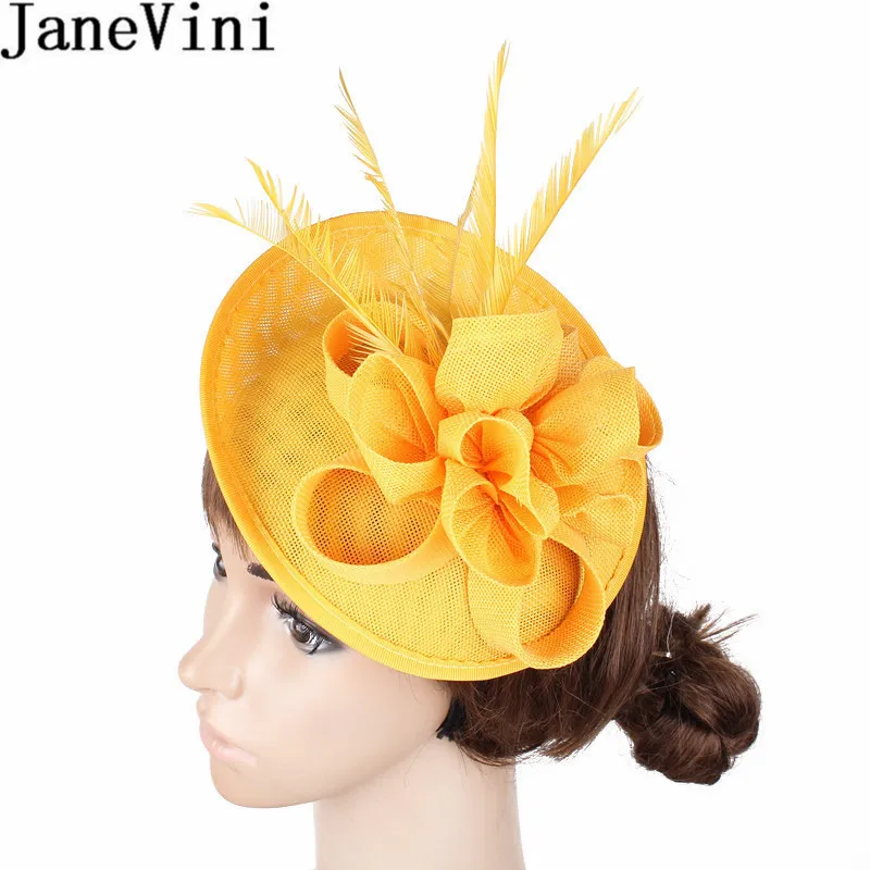 JaneVini Chic Ladies hat Yellow White Black Holiday Fascinator Party Hat Headband Feather Wedding Hats and Fascinators Headpiece