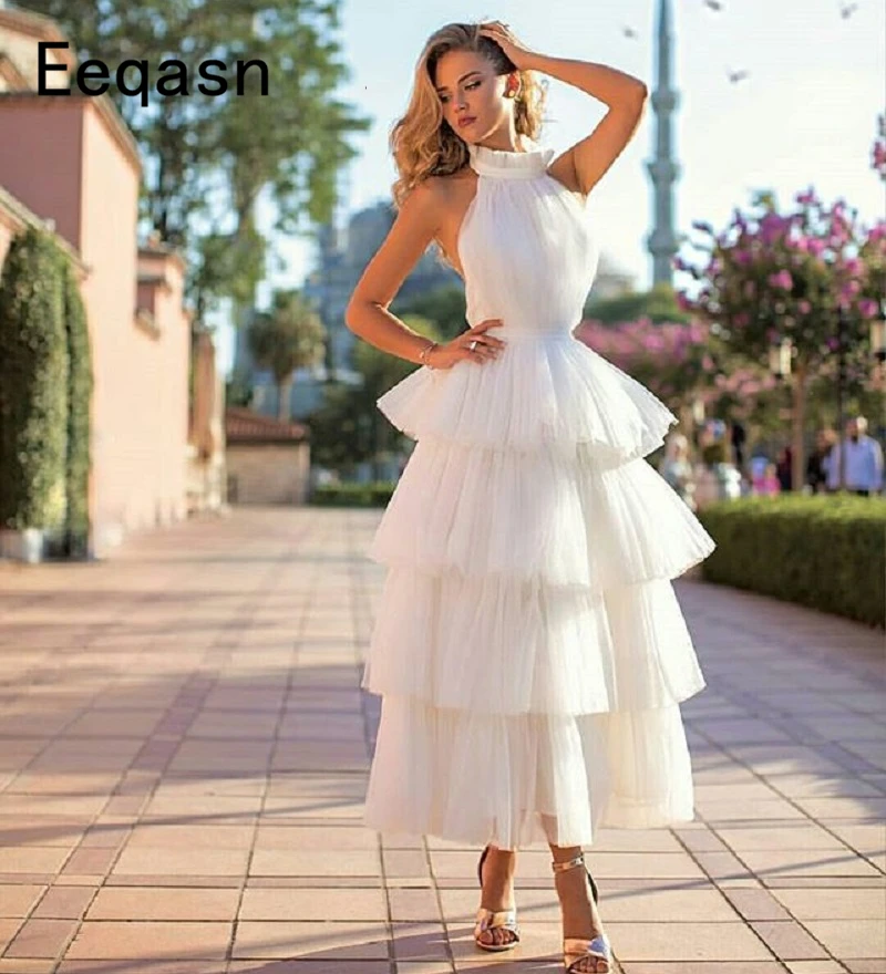 Customized Tiered Tulle Prom Dresses White Pink Black Saudi Arabic Tea Length Elegant Women Formal Party Gown vestido Gala