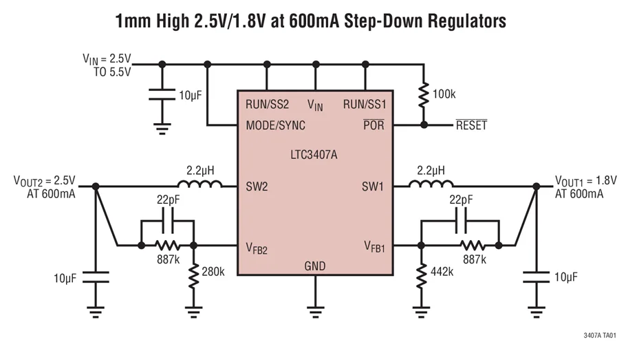 LTC3407 LTC3407AEDD LTC3407AIDD LTC3407AEMSE LTC3407AIMSE - Dual Synchronous 600mA, 1.5MHz Step-Down DC/DC Regulator