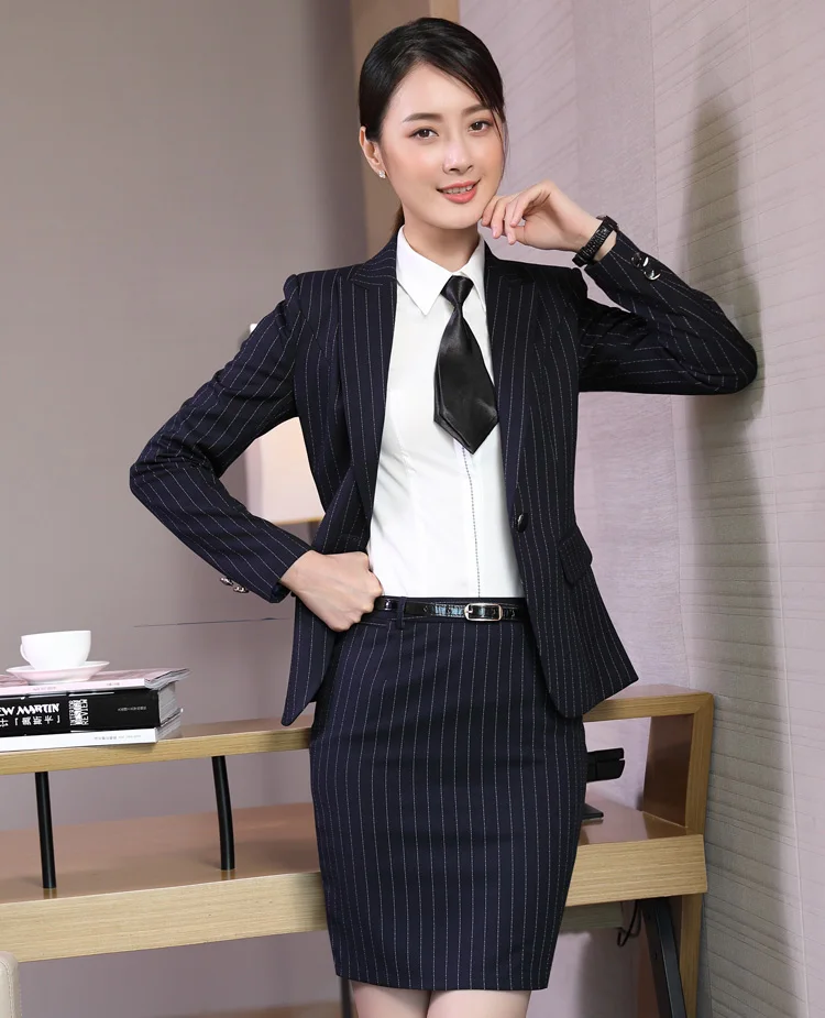 Baru Wanita Stripe Panjang Lengan OL Ramping Profesional Wanita Setelan Profesional Kantor Setelan Wawancara Suit