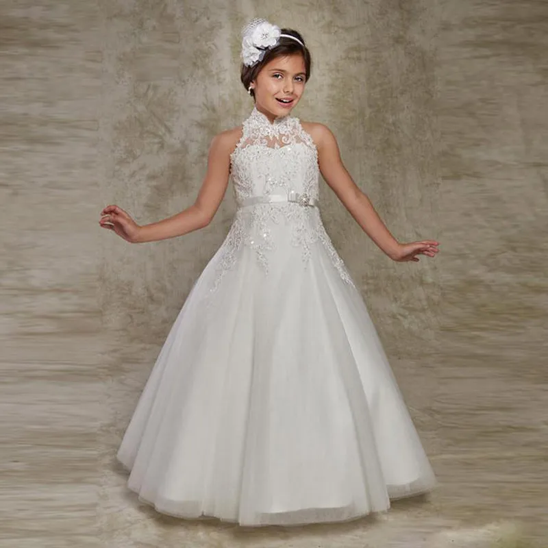 Elegant White Flower Girls Dresses Lace Beaded Kids Evening Dresses for Wedding Party