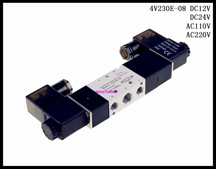 4V230E-08 DC12V , DC24V , AC110V , AC220V Central Exhaust Pneumatic Solenoid Valves Double Head 5 Way 3 Position 1/4