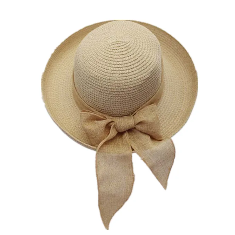 BomHCS Summer Women Bow Curling Linen Ribbon Straw Hat Travel Beach Shopping Sun Hats Caps 17F-311MZ3