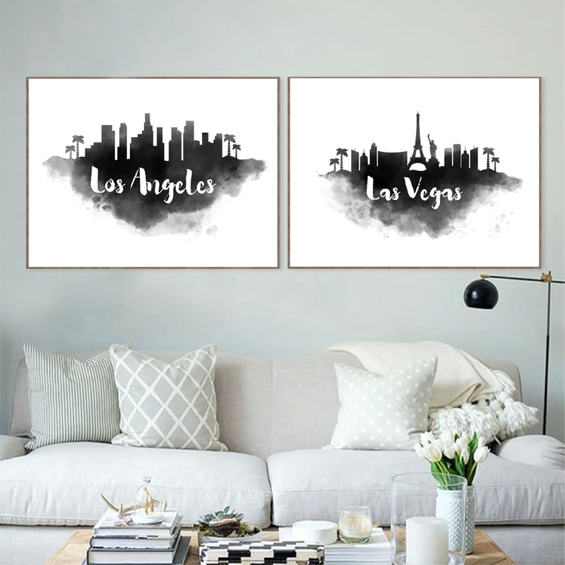 City Skyline Wall Pictures Art Print , Watercolor Las Vega / Paris /Los Angeles/ London Landmark Building Poster Canvas Painting