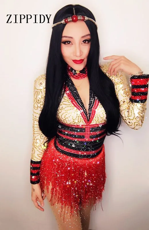 Sparkly Strass Oro Nappa Rosso delle donne della Tuta del Costume Del Partito Locale Notturno Femminile Cantante Body Celebrare Vestito Stage di Usura