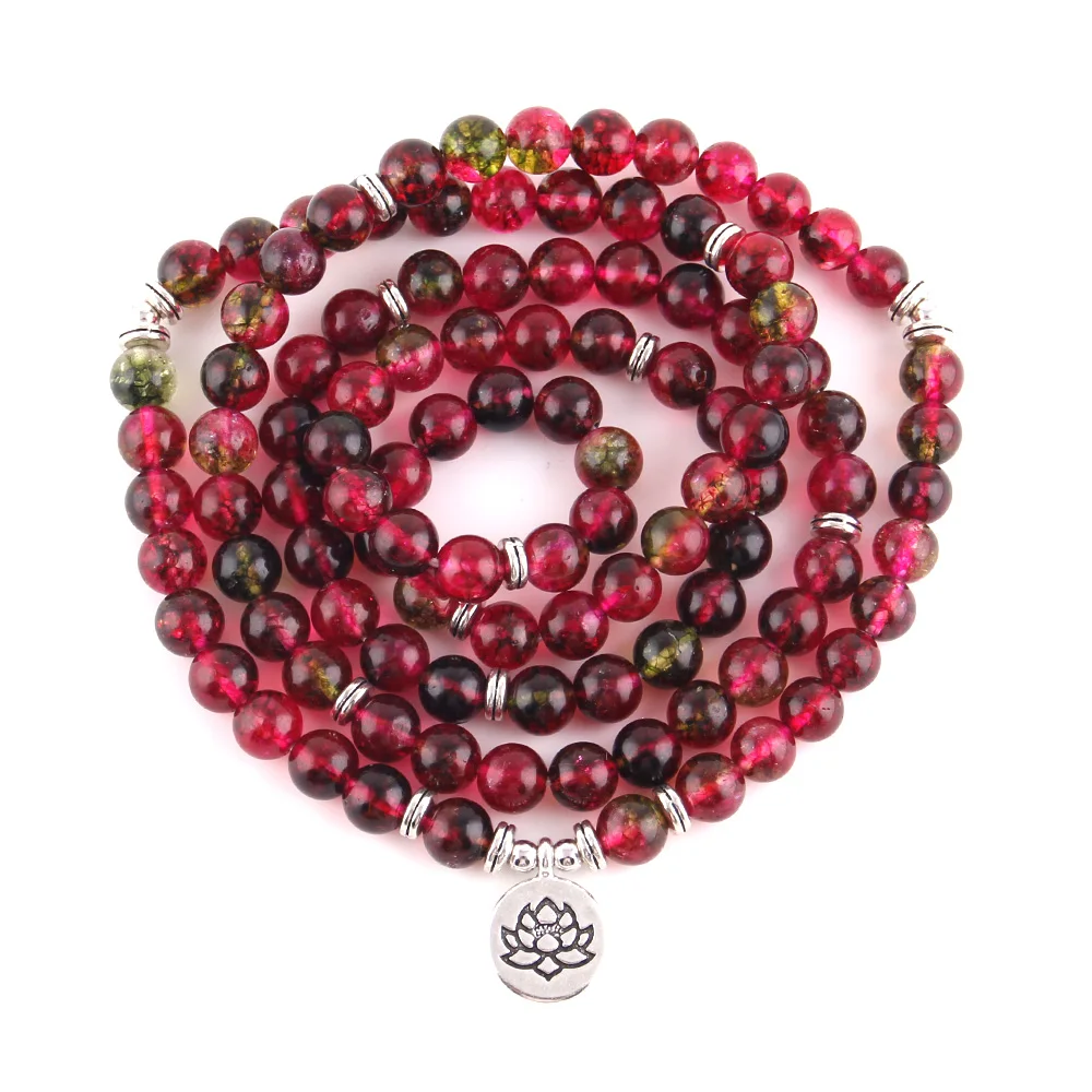 New Women's Bracelets Bangles Red Fluorite Beads With Lotus OM Buddha Charm Yoga Bracelet 108 Mala Phantom Crystal Necklace