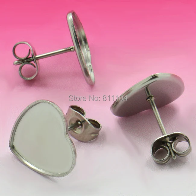 

Blank Stainless Steel stud Earrings Bases with 12mm Heart Bezel tray Cabochon Settings Earrings post with Stopper Back Findings