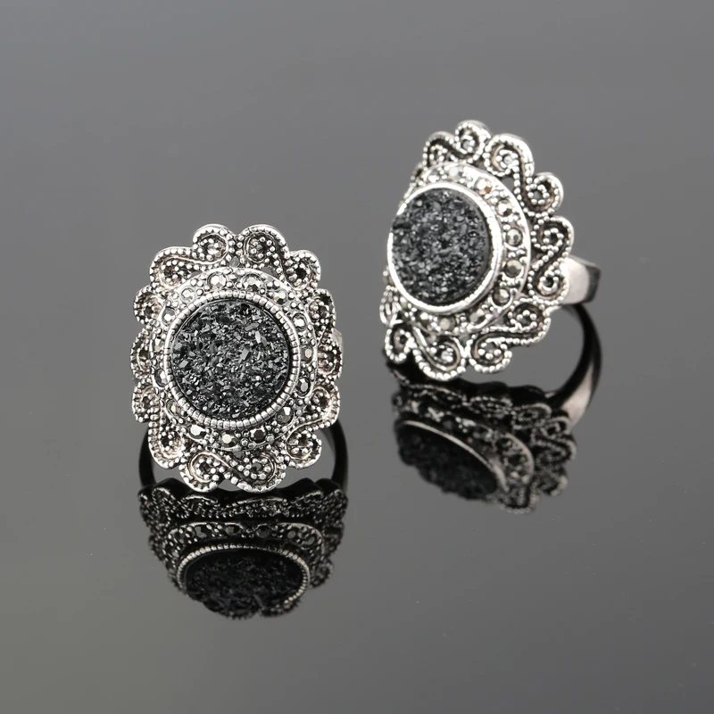 Hot Fashion Flower Silver Plated Rings For Women Vintage Black Ore Resin Crystal Gothic Ring Bohemian Jewelry Gift Free Shipping