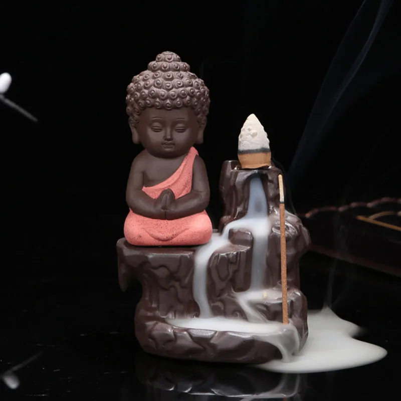 Mini Monk Censer Home Decor Purple Clay Small Buddha Incense Holder Backflow Incense Burner for Home Office Teahouse Ornaments