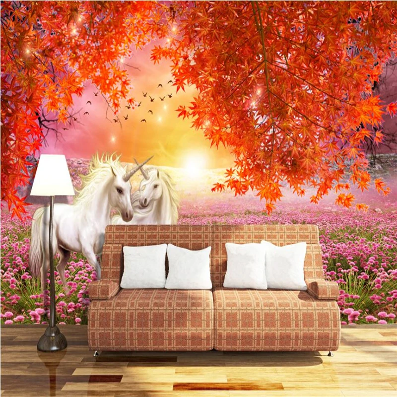 wellyu  Maple leaves red and white horse 3D fresh TV backdrop custom large mural green silk wallpaper papel de parede