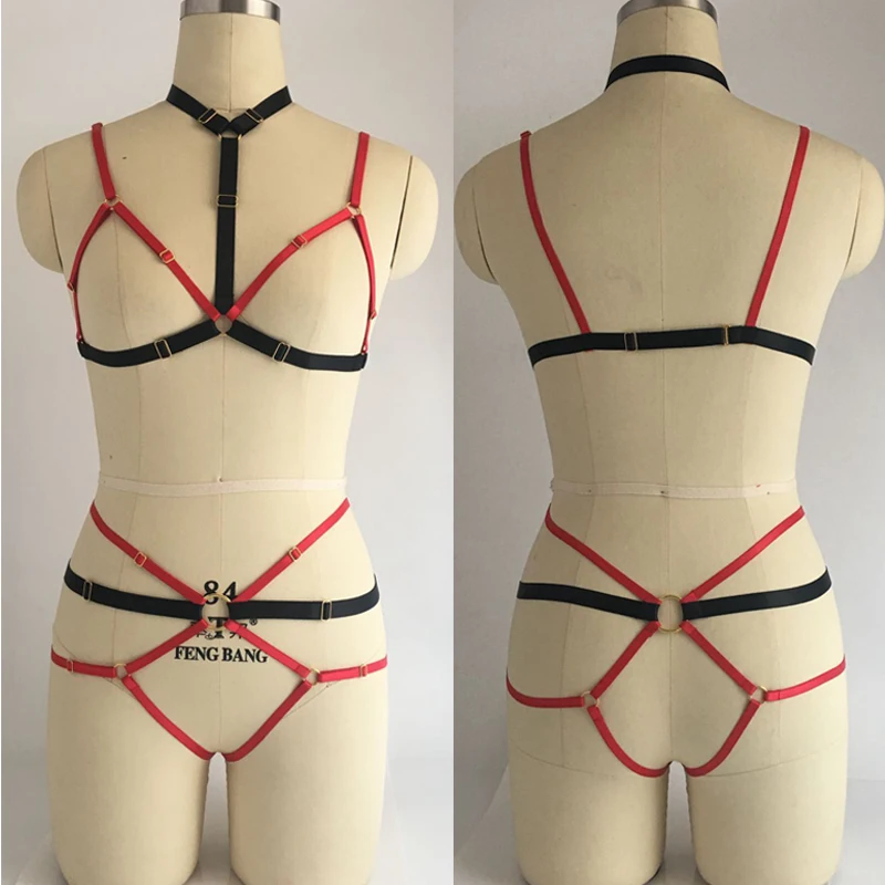 

Women Sexy Body Harness Set Crop Top Cage Bralette + Harness Panties Fetish Wear Bondage Cage Harness Bra Gothic Rave Body suit