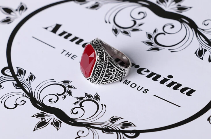 Men Rings Big Black/Red Carved Stone Antique  Plated Ring For Women Retro Texture Engraved Wholesale Lover ring #20035