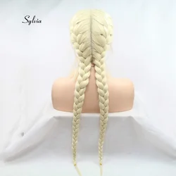 Peluca rubia clara de doble trenza con pelo de bebé, pelucas delanteras de encaje trenzado sintético, cabello de fibra resistente al calor, separación media