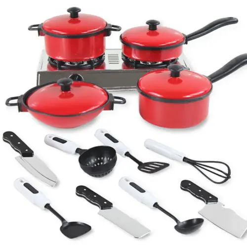 Childrens Plastic Kitchen Cooking Utensils Pots Pans Cookware Set Kids Play Toy