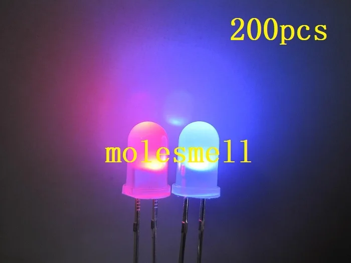 200pcs 5mm Dual Bi Color Polar Changing diffused Red/blue Led diffused Leds 2-Pin led big/wide angle led