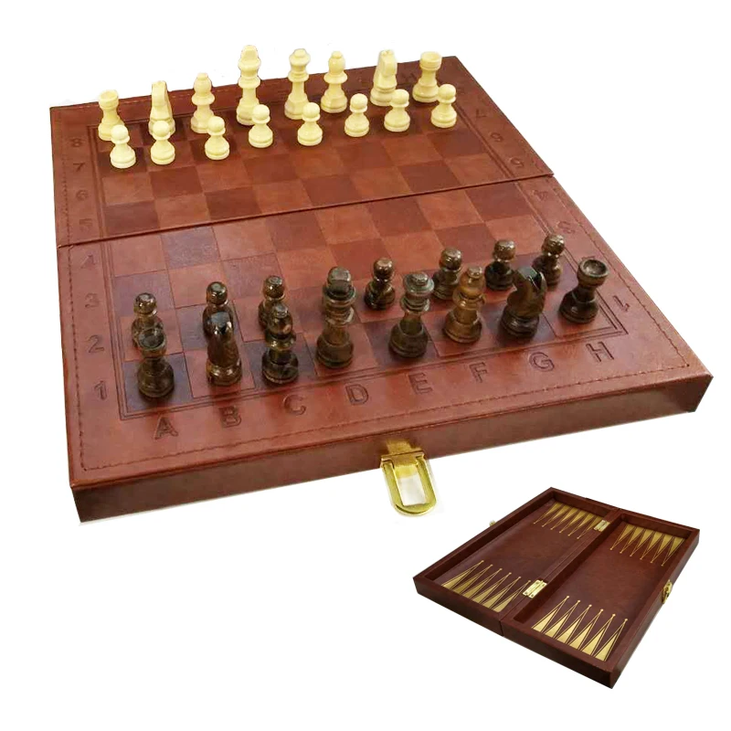 BSTFAMLY PU leather chess set, portable game of international chess, folding chessboard wooden chess pieces game I48