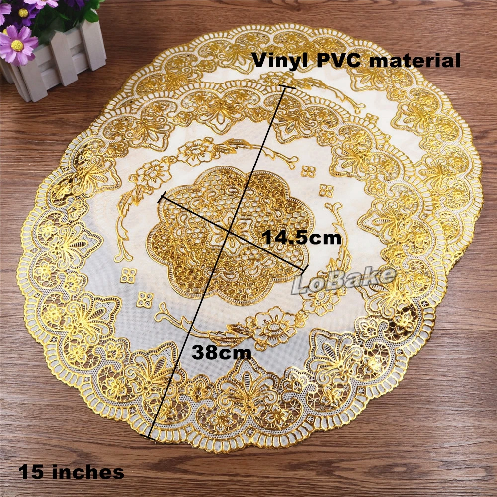 (12pcs/pack) Food grade 15 inches eco-friendly Vinyl PVC plastic round golden lace scarf doily place mat tabletop supplies