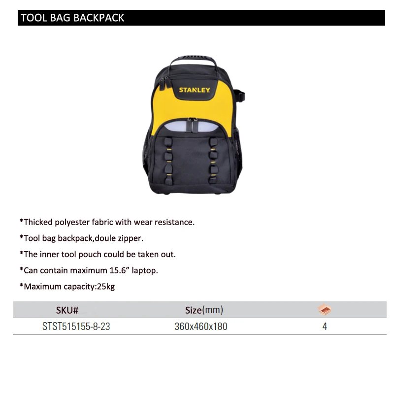 Stanley multifunctional tool bag backpack electrician with 15.6\