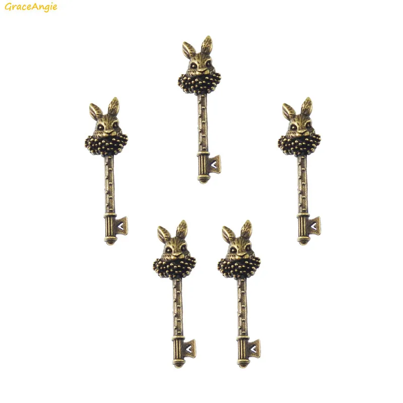 GraceAngie 10pcs Vintage Mr.Rabbit Key Shape Bronze Tone Alloy Retro Style Charms DIY Necklace Findings Jewelry Making Materials